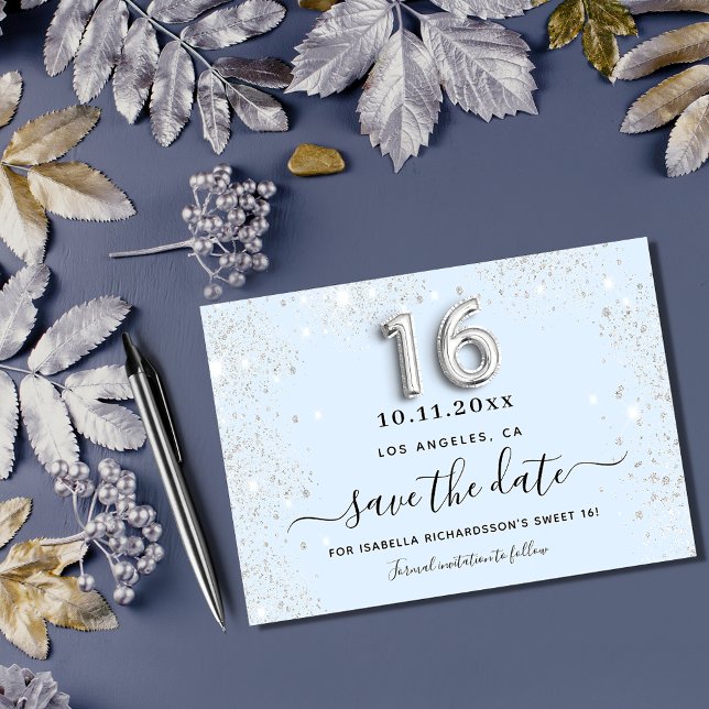 Sweet 16 baby blue silver glitter save the date card (Creator Uploaded)