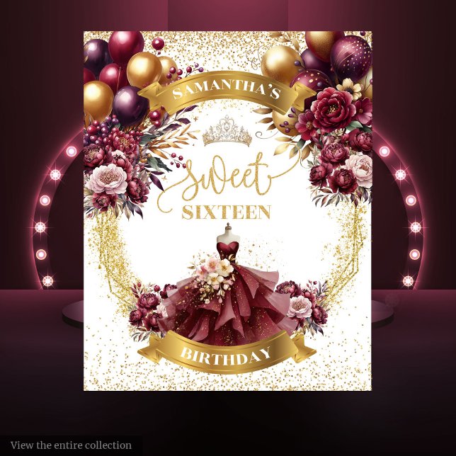 Sweet 16 Backdrop Burgundy Dress Gold Balloons Spa Tapestry (Sweet 16 Backdrop Burgundy Dress Gold Balloons Spark)