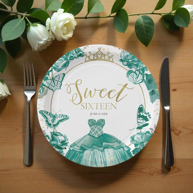 Sweet 16 Balloon Butterfly Emerald Green Dress Paper Plate (Creator Uploaded)