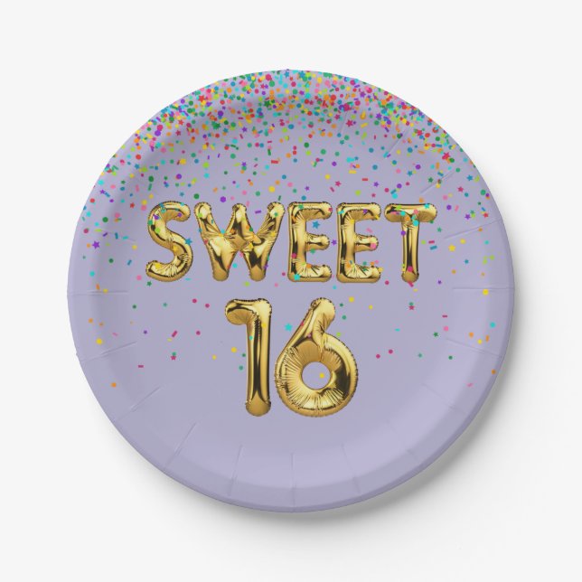 Sweet 16 Balloons and Confetti  Paper Plate (Front)