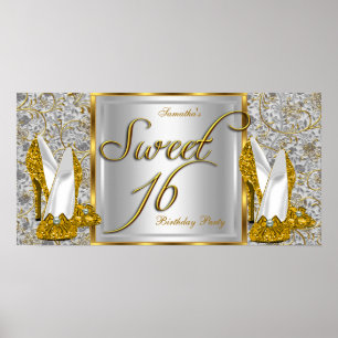 Sweet 16 Banner Poster Gold Silver