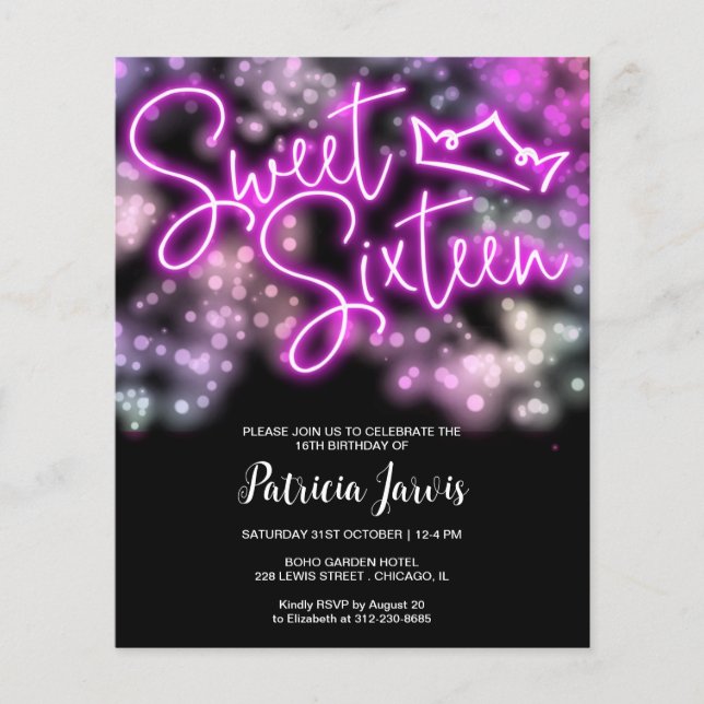 Sweet 16 Bday Colourful Neon Glow Budget Invitatio (Front)