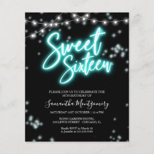 Sweet 16 Bday Teal Neon Glow Budget Invitation