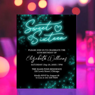 Sweet 16 Bday Teal Neon Glow Budget Invitation