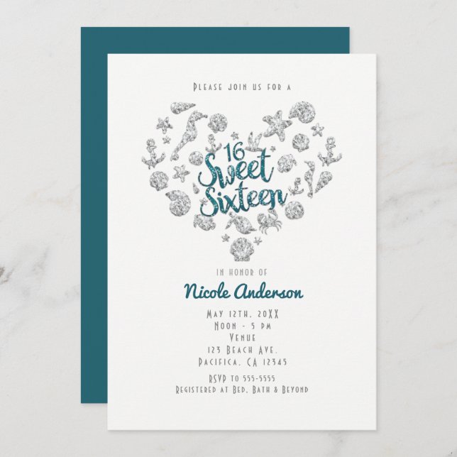 SWEET 16 Beach Glam Diamond Heart Invitations (Front/Back)