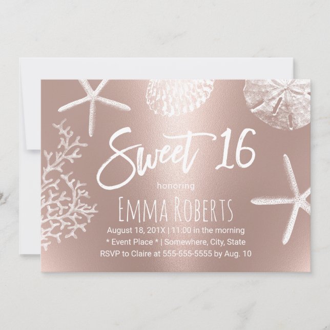 Sweet 16 Beach Starfish Coral Seashells Rose Gold Invitation (Front)