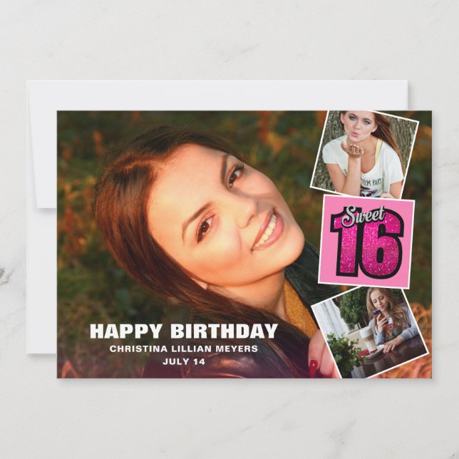 Sweet 16 Birthday 4 Photo Collage Card (Front)