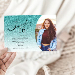 Sweet 16 Birthday Aqua Blue Glitter Glam Photo Invitation