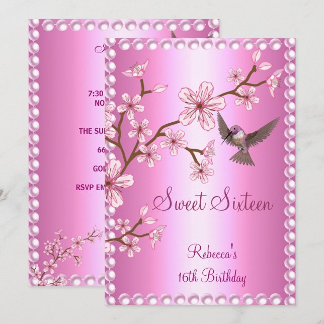 Sweet 16 Birthday Asian Pink Pearl Flowers Bird Invitation (Front/Back)
