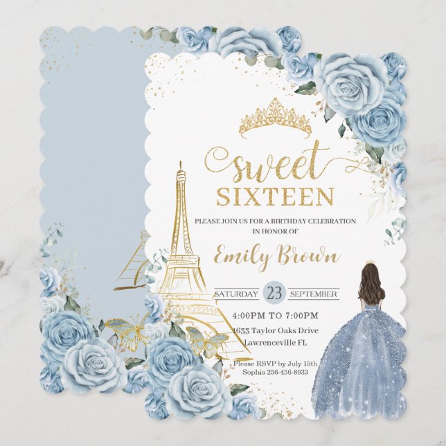 Sweet 16 Birthday Baby Blue Floral Paris Gold  Invitation (Front/Back)