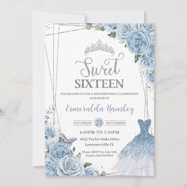 Sweet 16 Birthday Baby Blue Floral Roses Dress Invitation (Front)