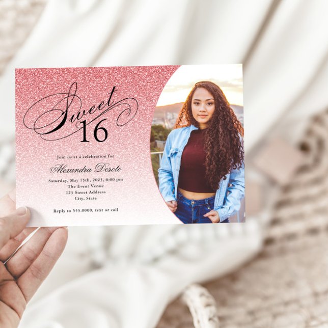 Sweet 16 Birthday Baby Pink Glitter Glam Photo  Invitation (Creator Uploaded)