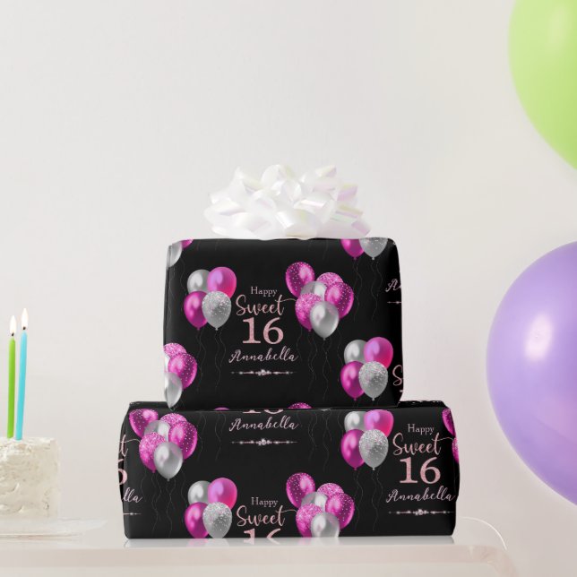Sweet 16 Birthday Black and Pink Glitter Balloons  Wrapping Paper (Party Gifts)