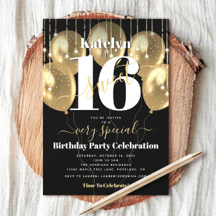 Sweet 16 Birthday Black Gold Balloons Bold Modern Invitation