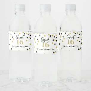 Sweet 16 Birthday Black Gold Confetti Water Bottle Label