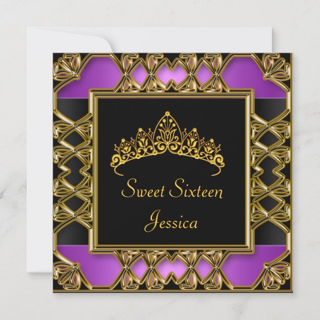 Sweet 16 Birthday Black Purple Gold Tiara Invitation (Front)