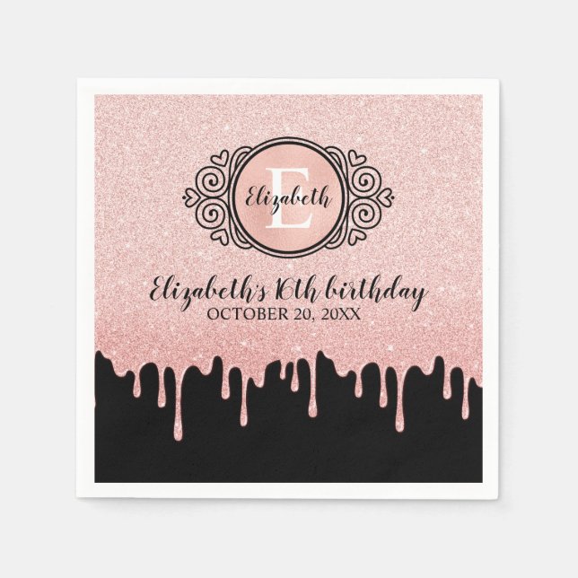 Sweet 16 Birthday Black Rose Gold Glitter Drips Napkin (Front)