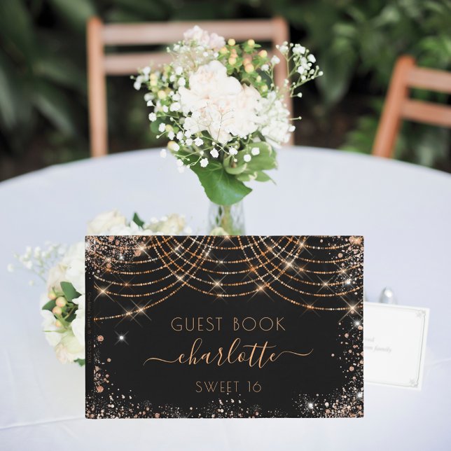Sweet 16 birthday black rose gold glitter guest book (Creator Uploaded)