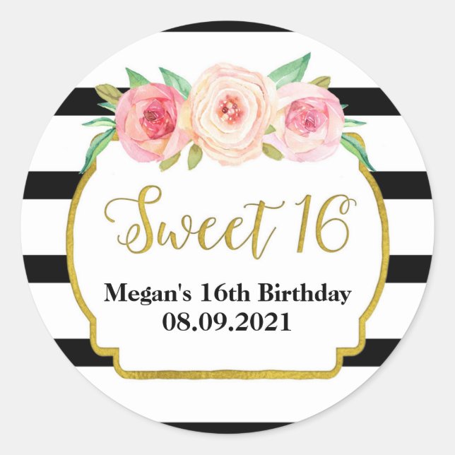 Sweet 16 Birthday Black Stripes Gold Pink Floral Classic Round Sticker (Front)