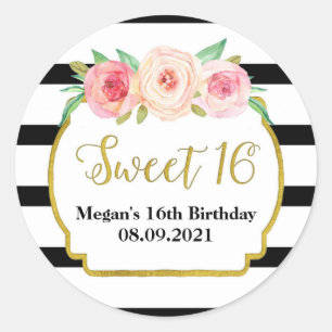 Sweet 16 Birthday Black Stripes Gold Pink Floral Classic Round Sticker