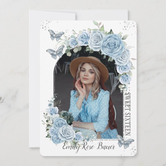 Sweet 16 Birthday Blue Floral Butterflies Photo Invitation (Front)