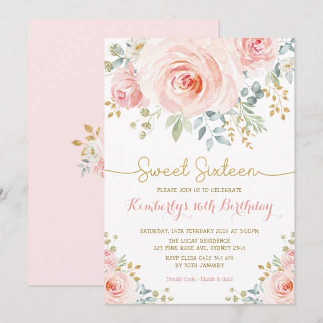 Sweet 16 Birthday Blush Gold Floral Sweet Sixteen Invitation (Front/Back)
