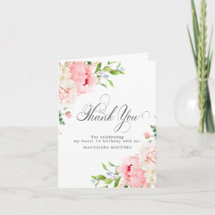 Sweet 16 Birthday Blush Pink Peony Floral Folded Thank You Card