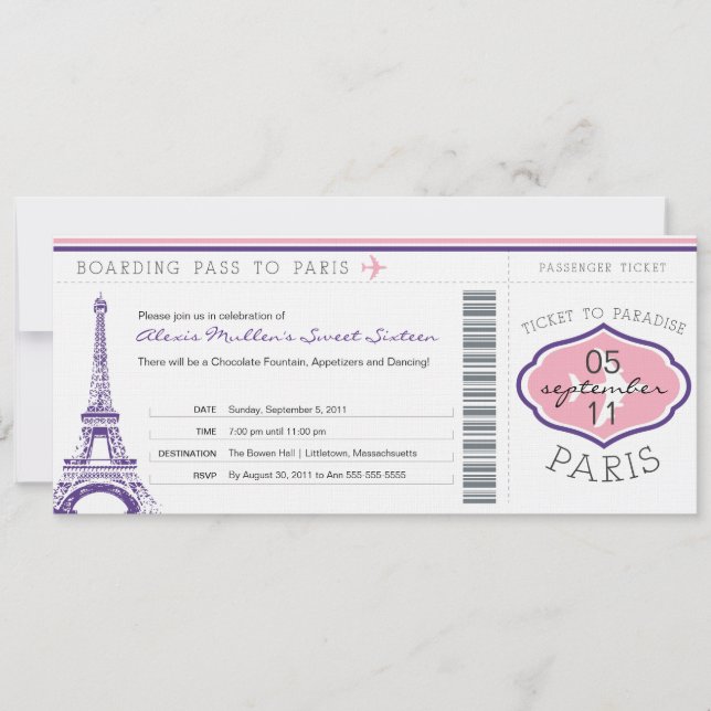 Sweet 16 Birthday Boarding Pass to Paris Invitation (Front)