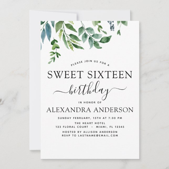 Sweet 16 Birthday Botanical Greenery Invitation (Front)