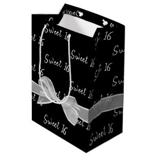 Sweet 16 Birthday Bow On Black Medium Gift Bag