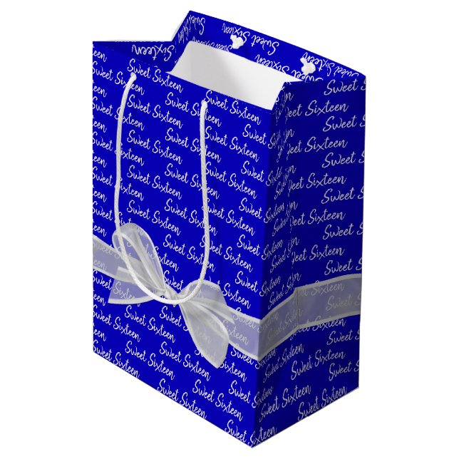Sweet 16 Birthday Bow On Blue Medium Gift Bag (Back Angled)