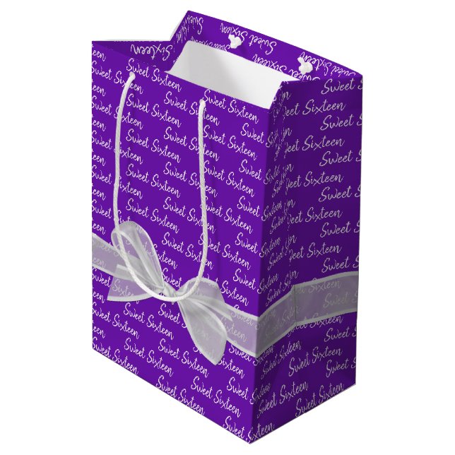 Sweet 16 Birthday Bow On Purple Medium Gift Bag (Back Angled)