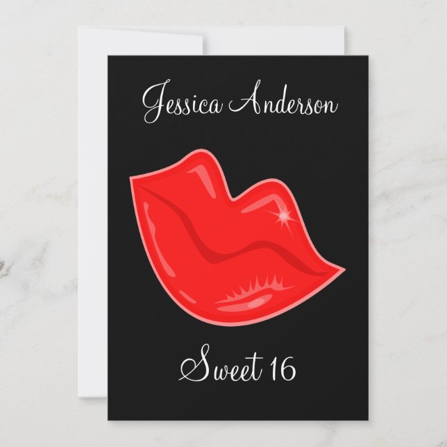 Sweet 16 Birthday Bright Red Lips on Black 3 Invitation (Front)