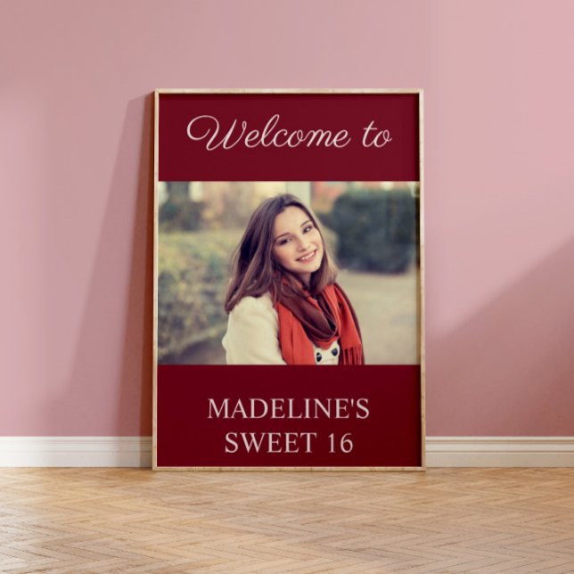 Sweet 16 Birthday Burgundy Name Photo Welcome Poster (Creator Uploaded)