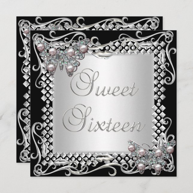 Sweet 16 Birthday Butterflies Silver Black Invitation (Front/Back)