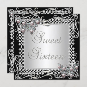 Sweet 16 Birthday Butterflies Silver Black Invitation