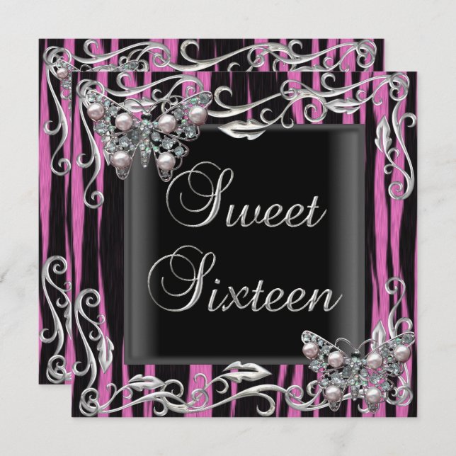 Sweet 16 Birthday Butterfly Zebra Black Pink Invitation (Front/Back)
