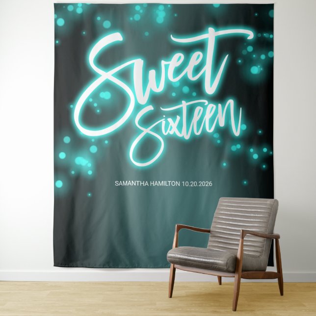 Sweet 16 Birthday Colourful Neon Glow Dark Backdro Tapestry (In Situ)