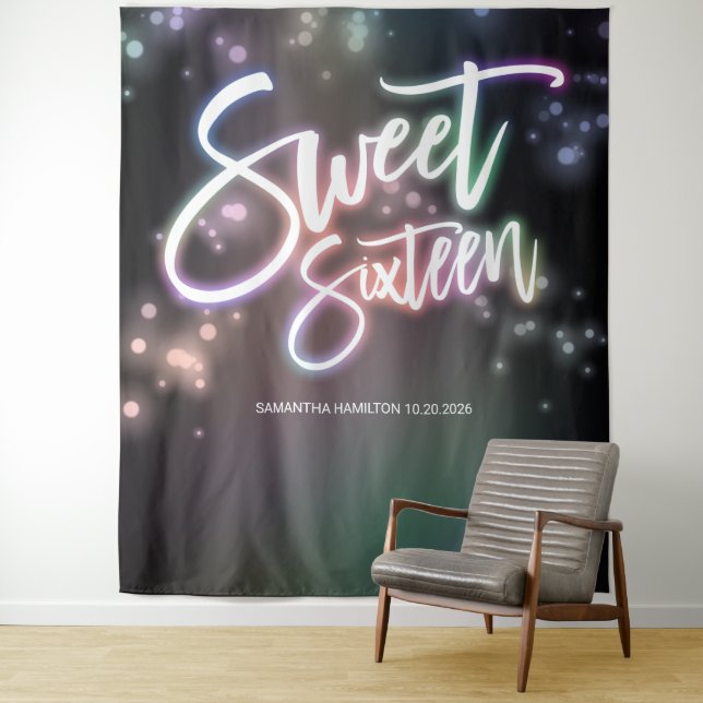 Sweet 16 Birthday Colourful Neon Glow Dark Backdro Tapestry (In Situ)