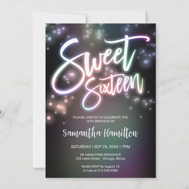 Sweet 16 Birthday Colourful Neon Glow Dark Party Invitation (Front)