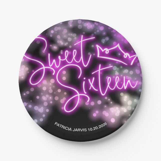 Sweet 16 Birthday Colourful Neon Glow Dark Party Paper Plate (Front)