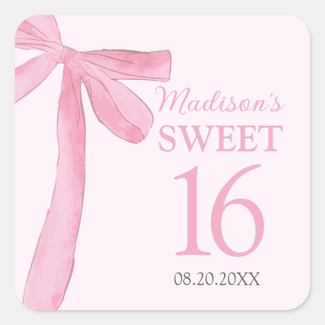 Sweet 16 Birthday Coquette Pink Bow Personalized  Square Sticker (Front)