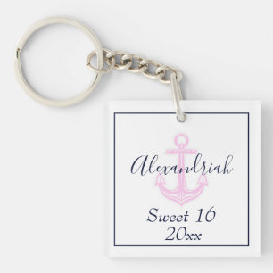 Sweet 16 Birthday Custom Pink  Navy Nautical  Keyc Key Ring