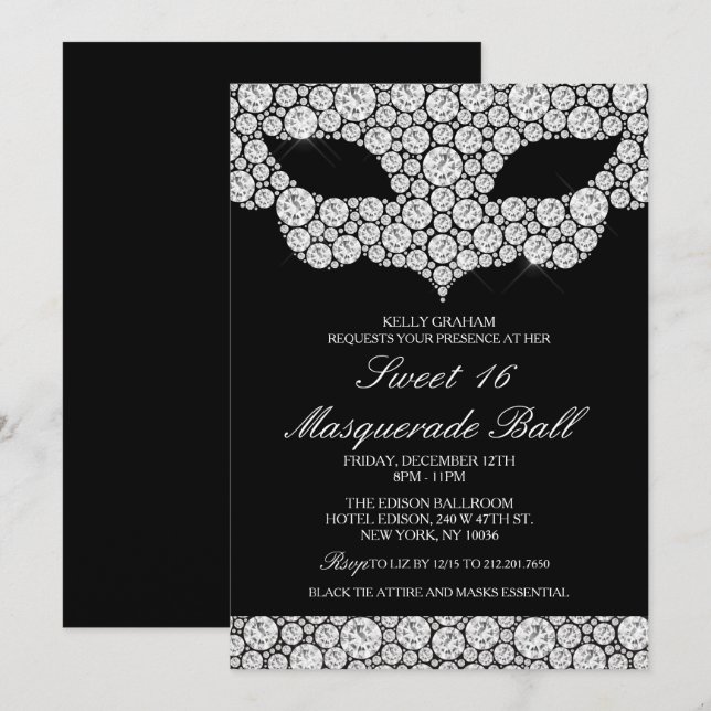 Sweet 16 Birthday Diamond Mask Invitation (Front/Back)