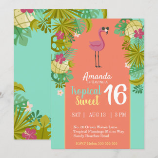 Sweet 16 Birthday Flamingo Luau Palm Tree Beach Invitation
