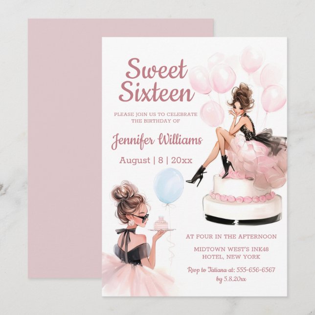 sweet 16 birthday girl pink party invitation  (Front/Back)