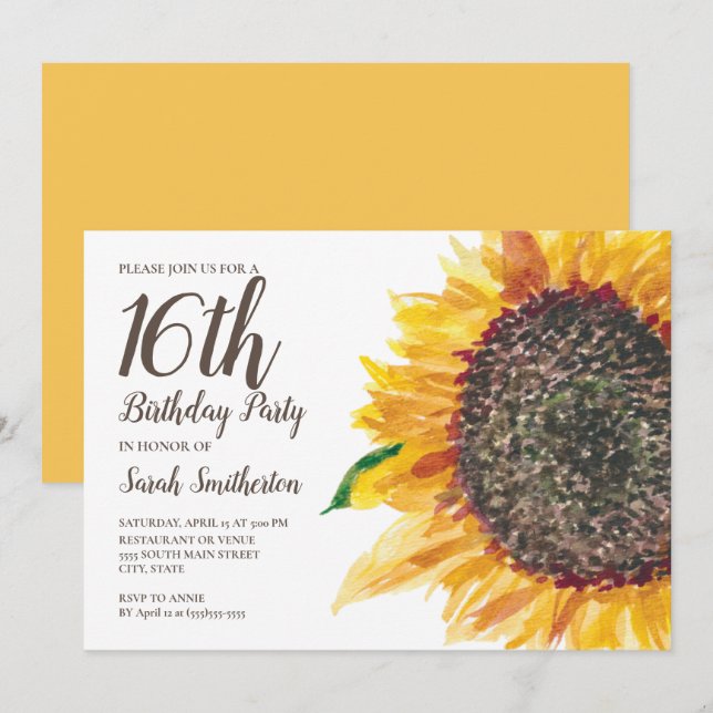 Sweet 16 Birthday Girls Yellow Brown Sunflower Invitation (Front/Back)