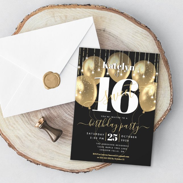 Sweet 16 Birthday Girly Glam Gold Balloon on Black Invitation (Creator Uploaded)