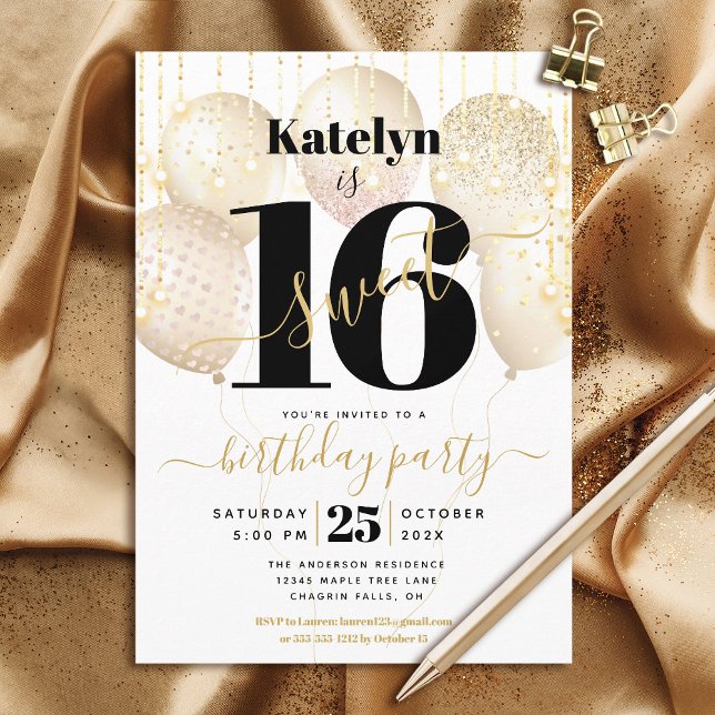 Sweet 16 Birthday Girly Glam Gold Balloons Script Invitation (Creator Uploaded)