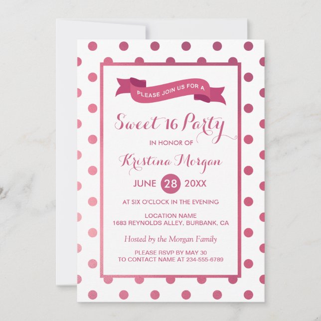 Sweet 16 Birthday Girly Pink Glitter Polk Dots Invitation (Front)